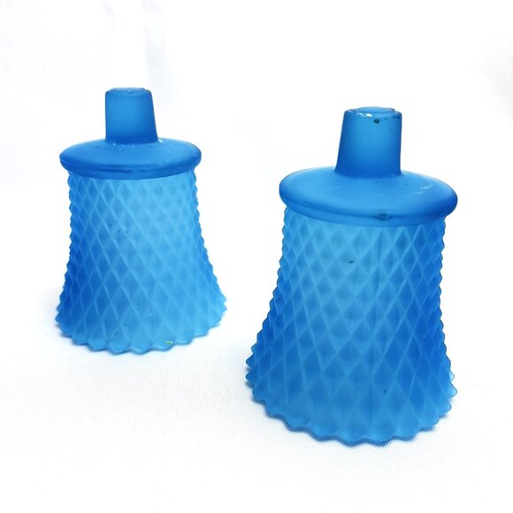 Blue Glass Vintage Candle Holder Inserts 3.5" Diamond Pattern Votive Cups 2 pcs - Picture 2 of 12